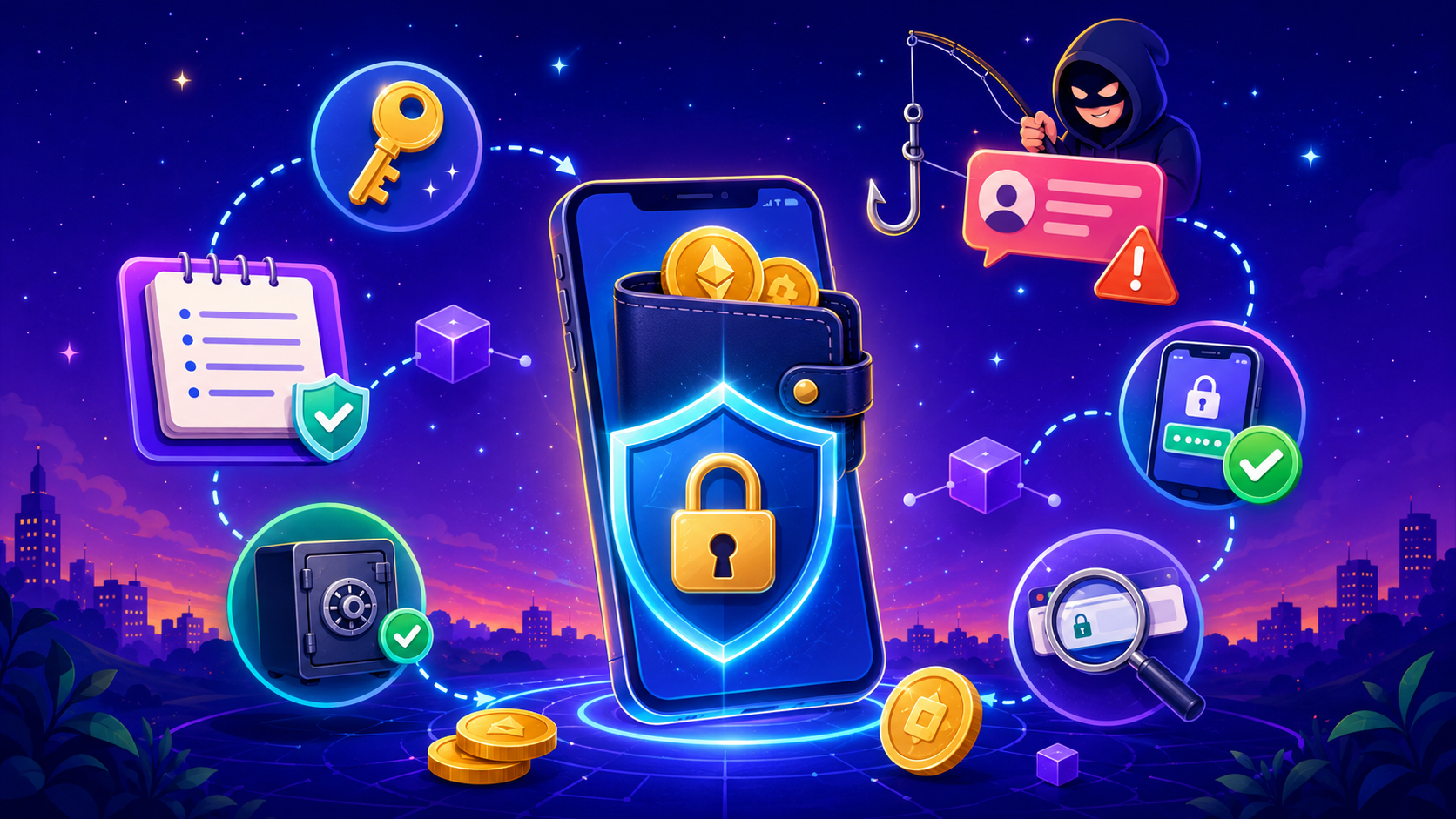 Crypto security illustration showing a digital wallet, shield, lock, blockchain network and scam warning icons